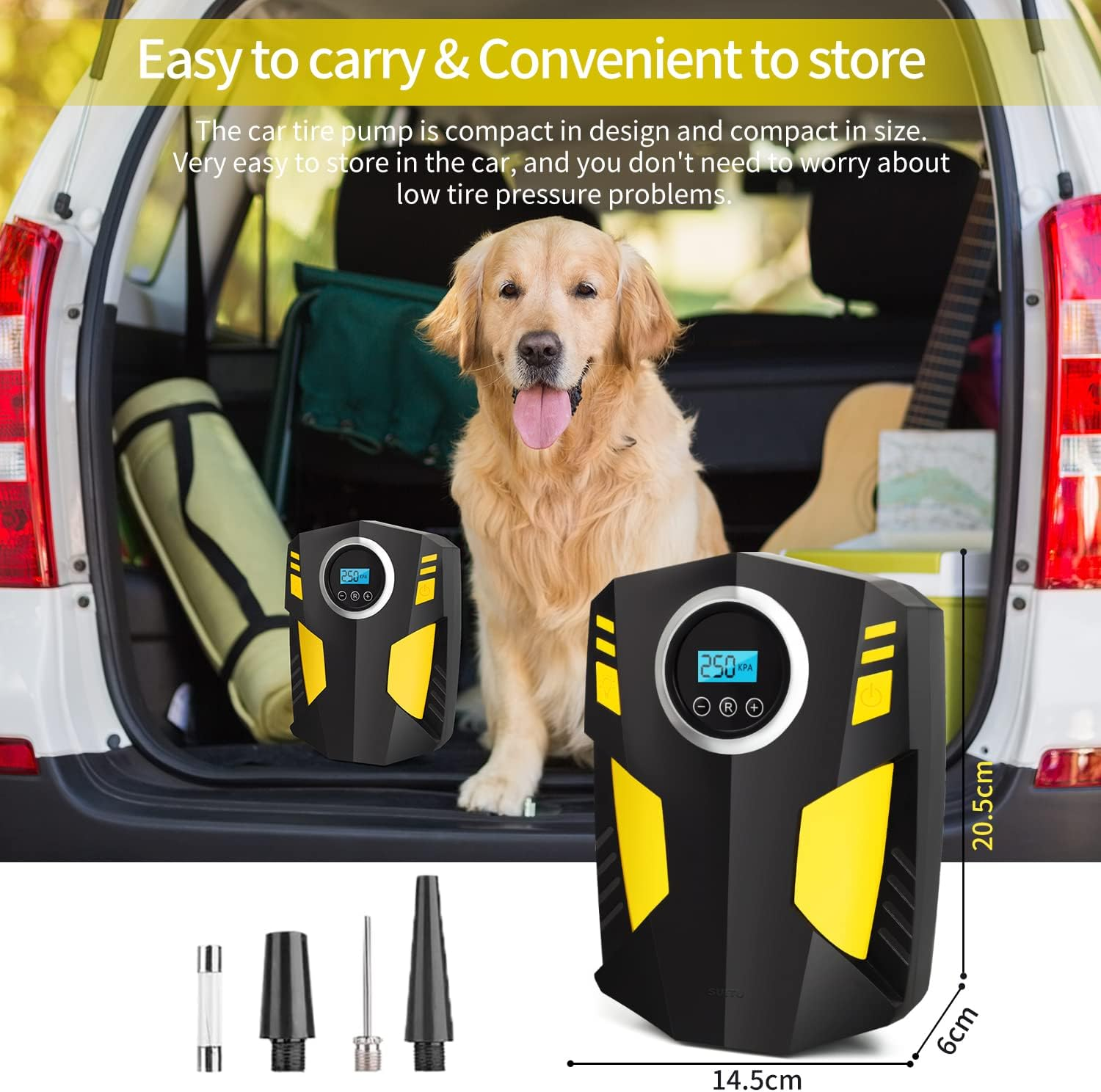 CUIFULI 12V Portable Car Tyre Inflator, Electric Air Pump, Digital Air Compressor, Automotive Tyre Inflator with LED Light, 4 Nozzles, Extra Fuse image number 4