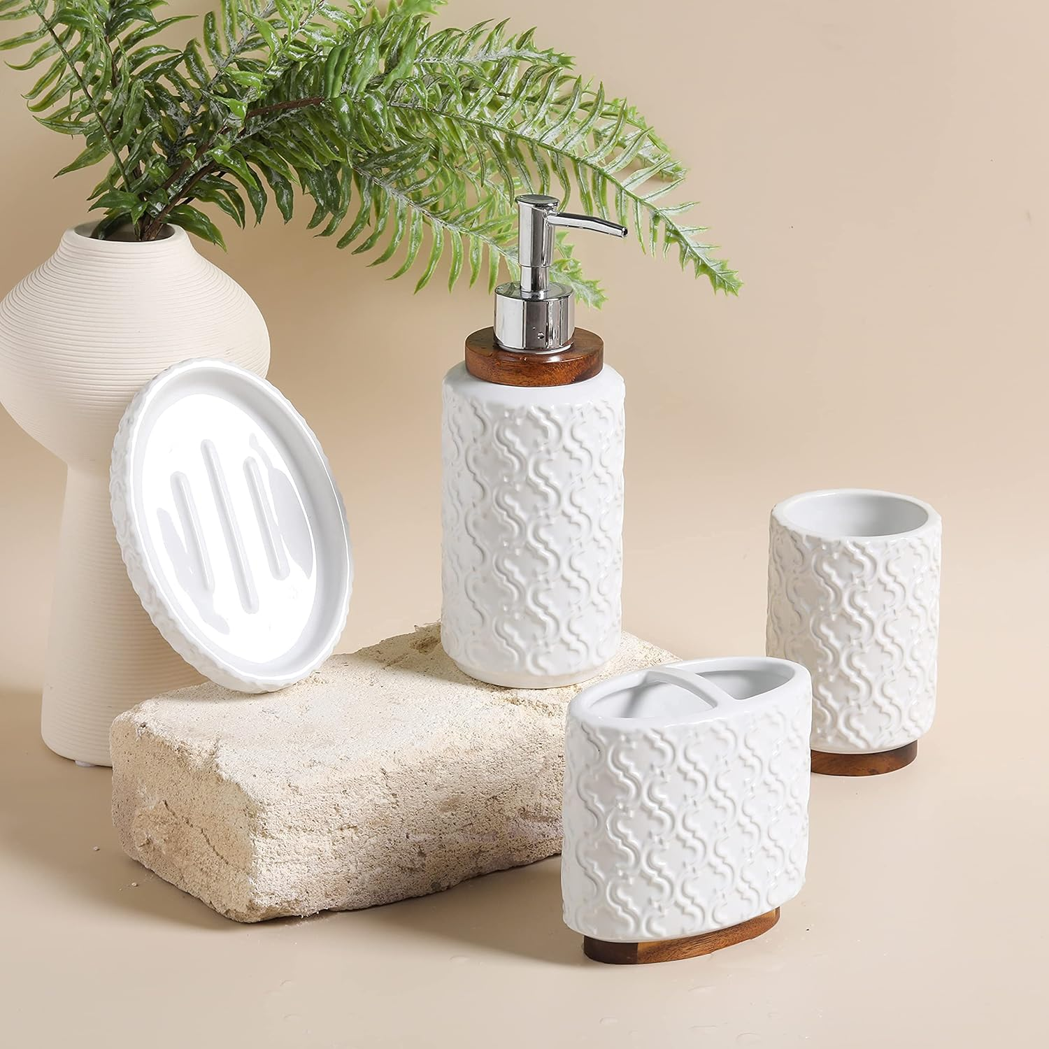 RQYIXI Embossed Ceramic Bathroom Accessory Set with Dark Brown Burnt Wood, Moroccan Trellis Patterns Soap Dispenser Set for Counter Top White Bathroom Set(Moroccan Trellis) - A-White image number 2