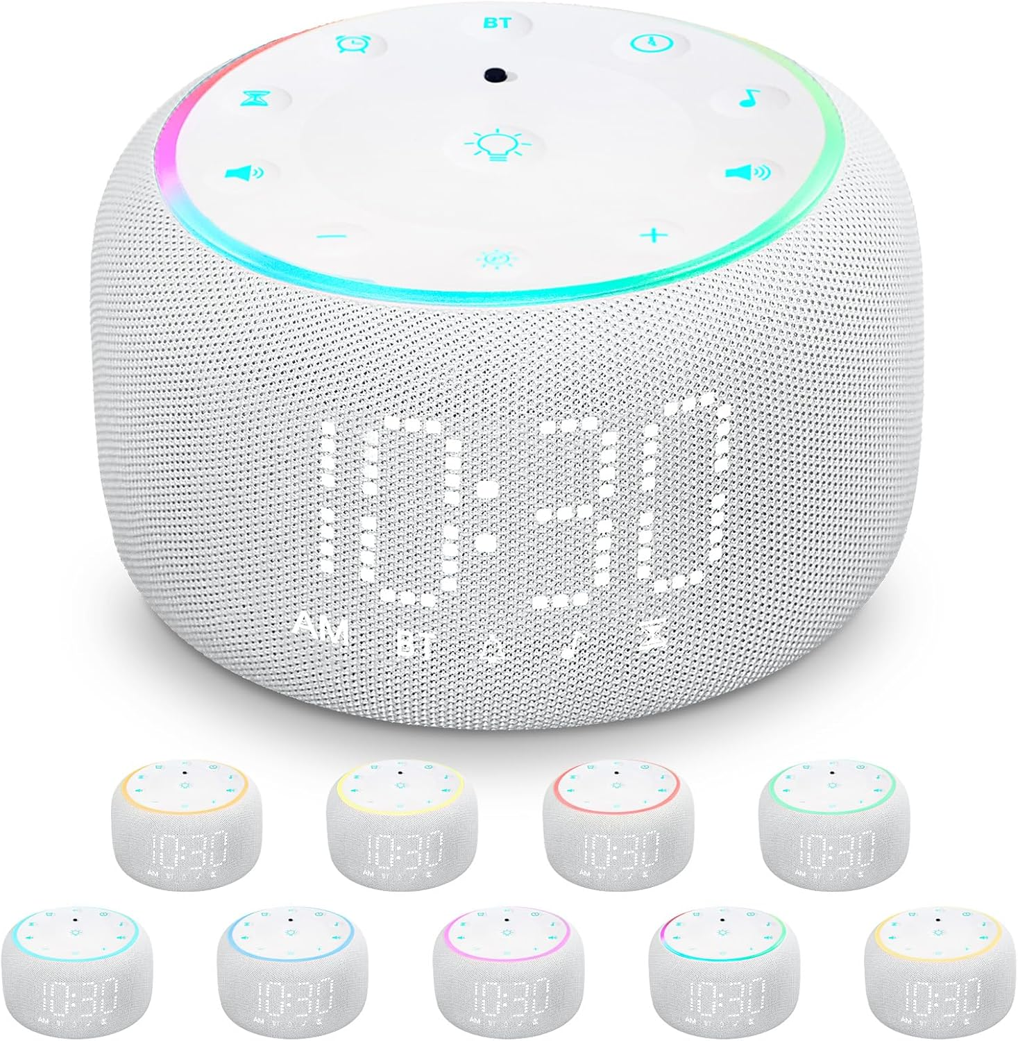 White Noise Machine Alarm Clock: Auto-Dimmable Clock for Bedrooms - 5W Stereo Bluetooth Speaker - Sound Machine with 24 Sleep Sounds for Adults Kids White