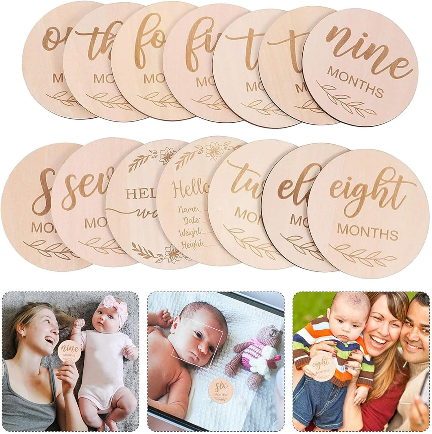 SYGELER Monthly Baby Milestone Maker Discs, Baby Milestone Signs for Newborn Baby, Baby Announcement Sign for 1-12 Month, Milestone Wooden Circles (Sage) image number 2