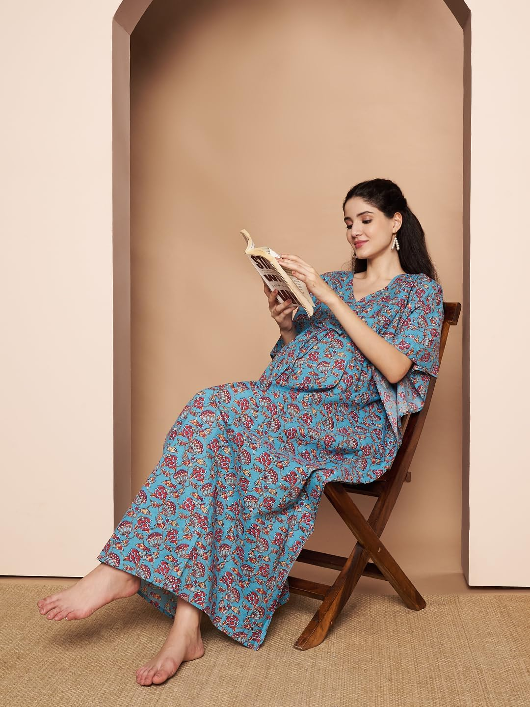 Secret Wish Floral Printed Cotton Maternity Kaftan./Free Size/Printed/Drawstring/Nightdress/Nightwear/Full Length image number 3