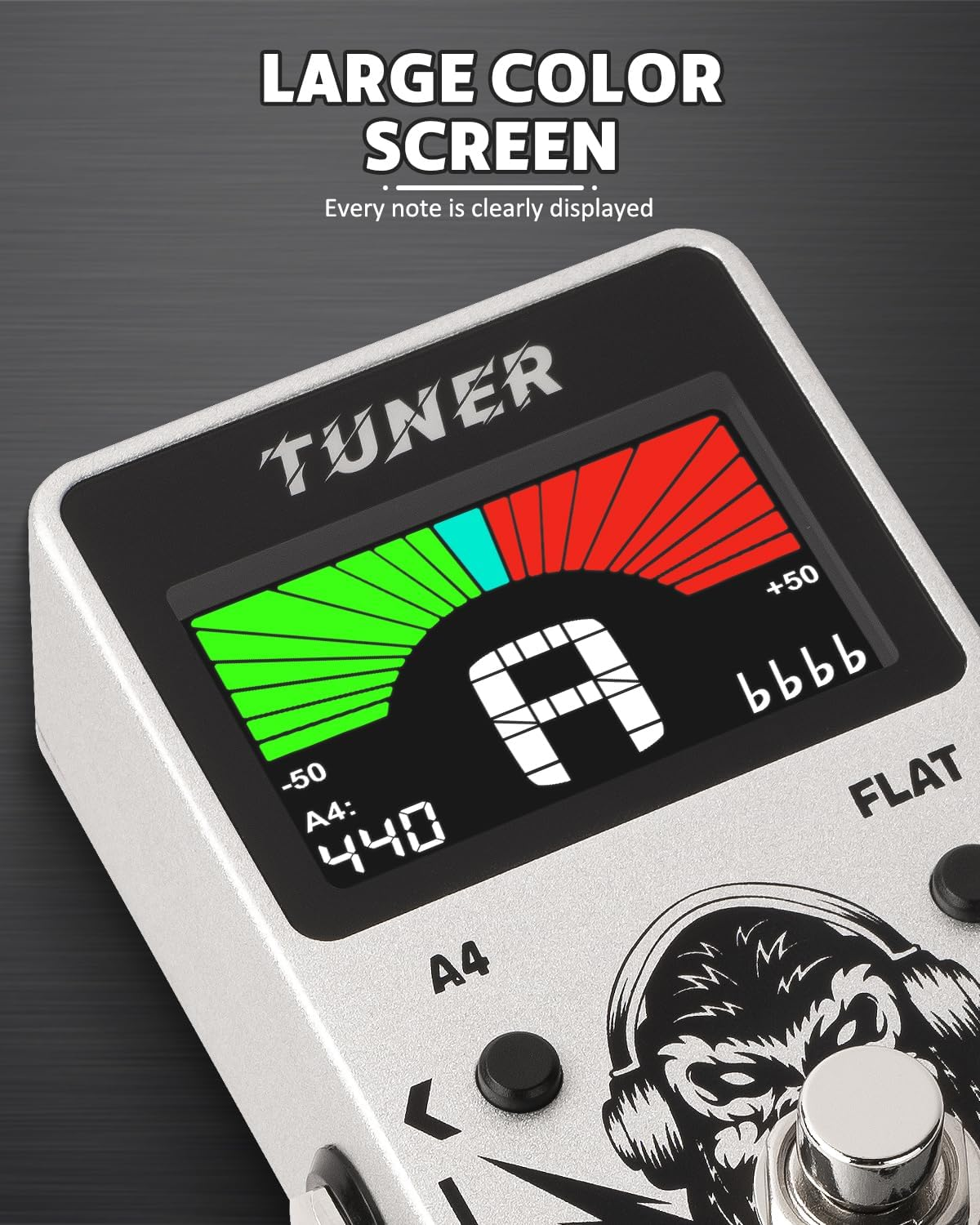 STRICH Guitar Tuner Pedal with Large Color Screen, Precision Chromatic Tuning, 430-450Hz A4, True Bypass for Electric Guitar and Bass, Silver - Silver Tuner image number 6