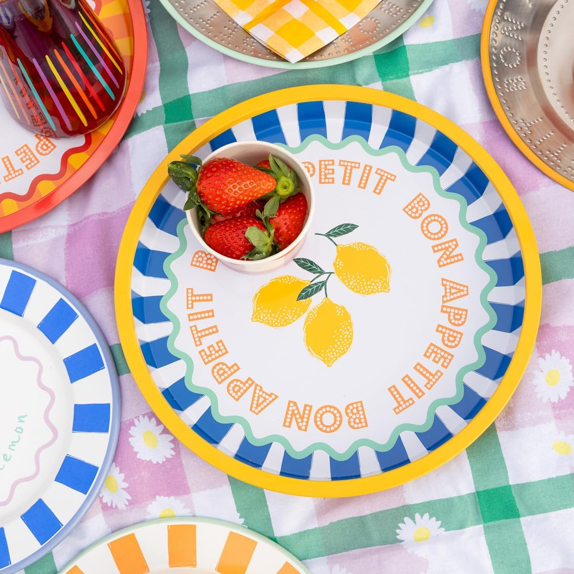 Talking Tables Large round Serving Tray for Drinks, Snacks, Condiments Decorative and Colourful Lemon Design, Ideal for Summer Dining, BBQ, Outdoor Dining Garden Parties | Made of Tin | 31Cm image number 3