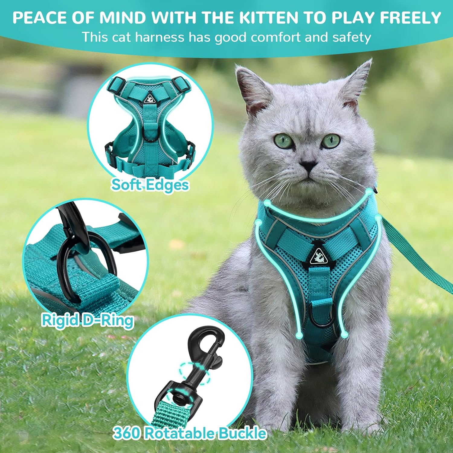 Cat Harness and Lead Set, Adjustable Kitten Harness and Lead Set with Reflective Strips Escape-Proof, Cat Vest Harness with Leash Sets for Cats Dogs Pets Walking (Lake Blue, S)