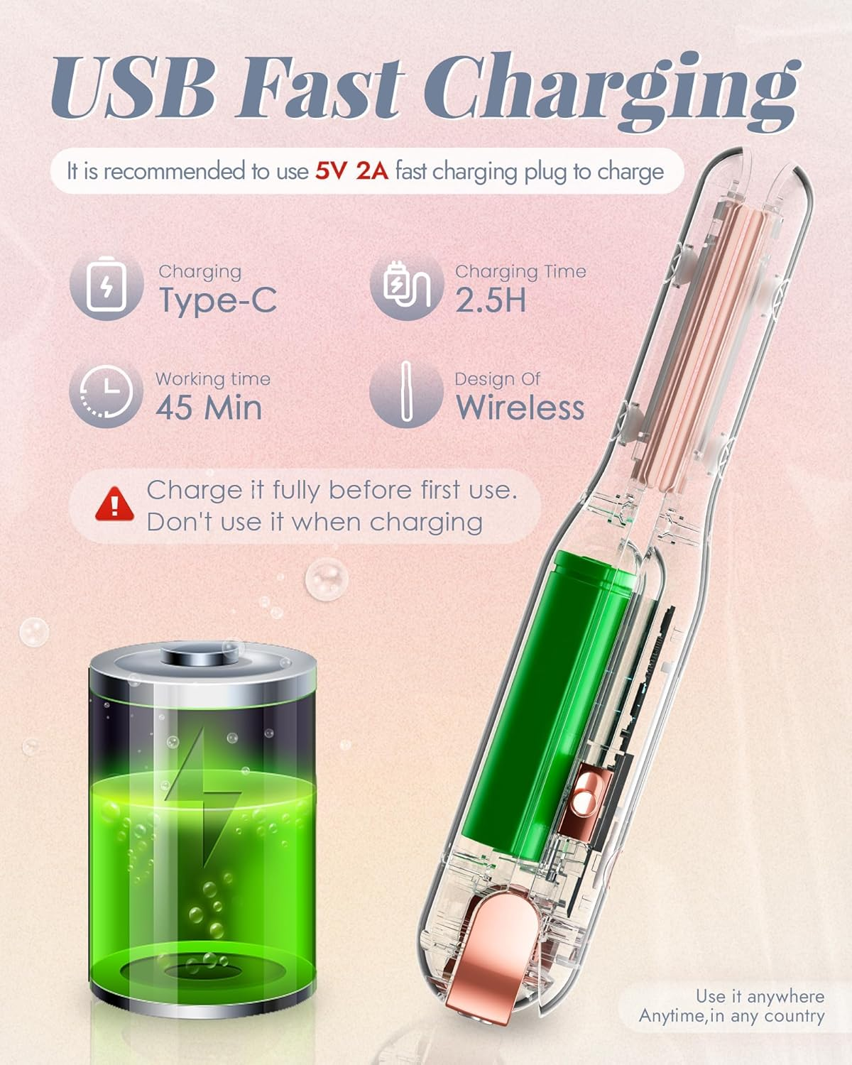 NOVUS 1 Inch Cordless Mini Hair Straightener, Type-C Mini Flat Iron, 2 in 1 Portable Travel Flat Iron & Curling Iron, Fast Heating & 3 Heat Settings, Wireless Ceramic Straightener 4000Ma Battery, Pink image number 5