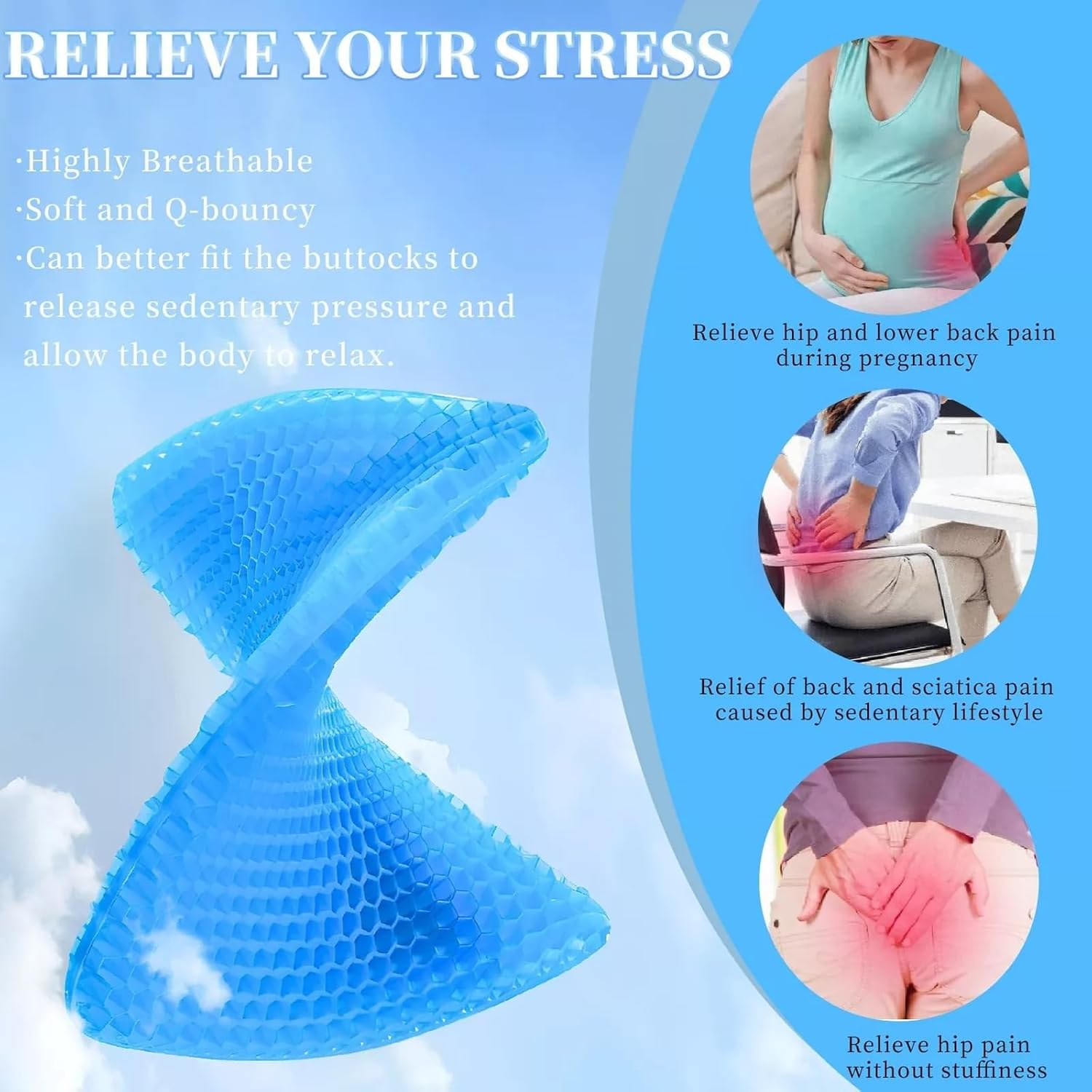 Portable Gel Seat Cushion，Foldable Office Chair Cushion，Car Seat Cushion for Long Sitting Pressure Relief，Tailbone Cushion for Office Chair Car Stadium Airplane Travel, Sciatica, Tailbone Pain Relief image number 5