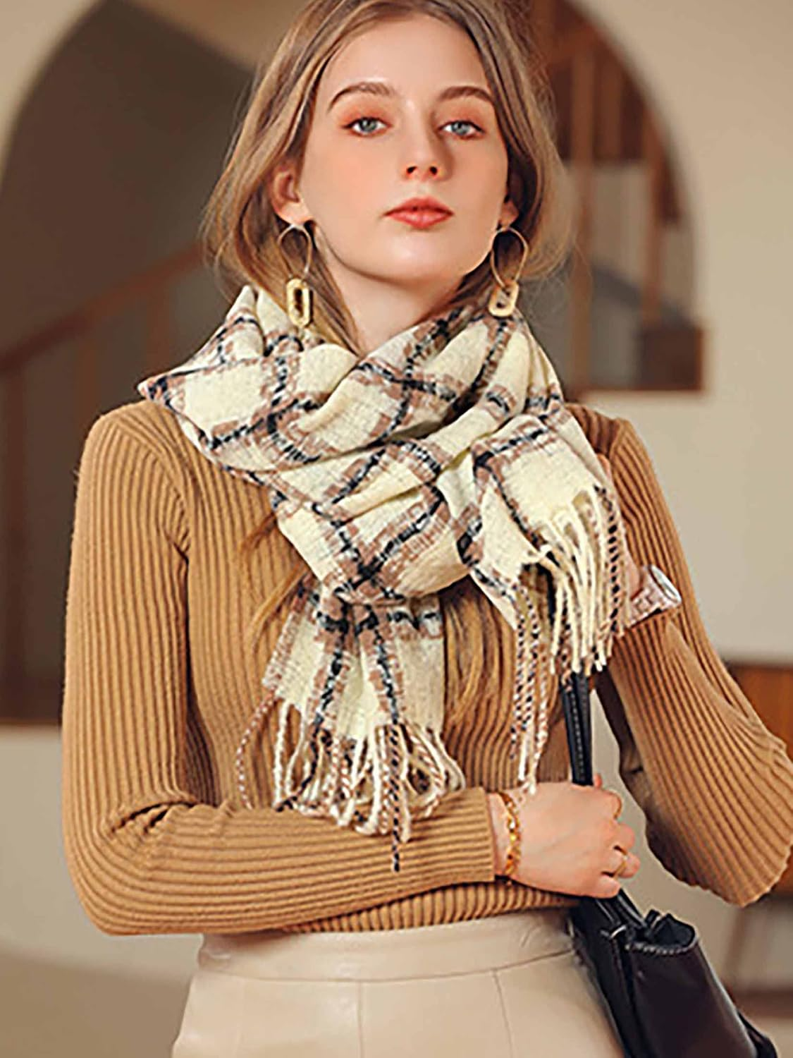 Campsis Winter Scarf Women'S Warm Long Shawl Big Grid Plaid Check Blanket Scarves Fringe Cashmere Feel Pashmina Cozy Shawl Wraps Cold Weather Accessories for Women and Girls, Beige, 7