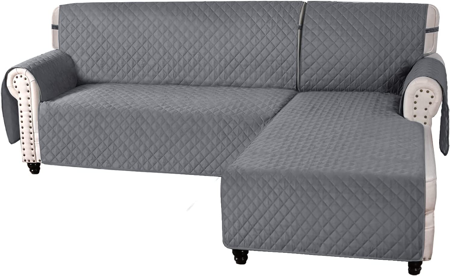 Smarcute L Shape Couch Cover for Sectional Sofa Chaise Lounge Sofa Cover Reversible Sofa Slipcover Non-Slip Water Resistant Furniture Protector for Dog (Large, Grey)
