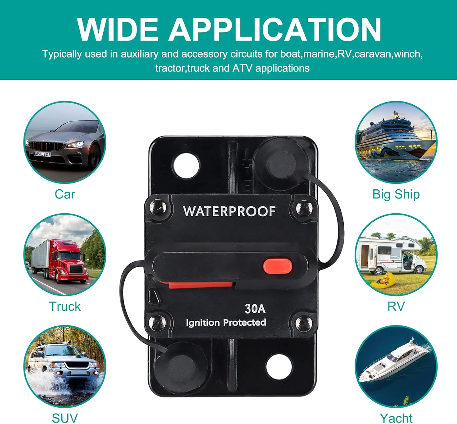 30 Amp Waterproof Circuit Breaker,With Manual Reset,12V-48V DC, for Car Marine Trolling Motors Boat ATV Manual Power Protect for Audio System Fuse image number 6