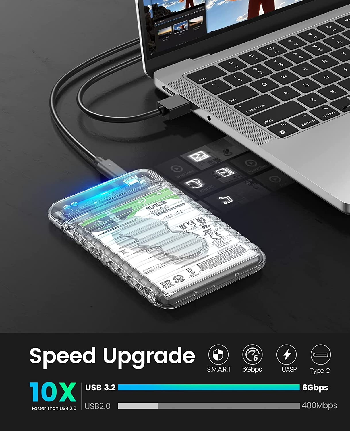 ORICO 2.5 Inch Hard Drive Enclosure USB C to SATA III 6Gbps Clear External Hard Drive Case for All 7Mm 9.5Mm 2.5 Inch SATA SSD HDD up to 6TB, Tool-Free, Support USB 3.2 Gen 2 UASP (2139C3) image number 5