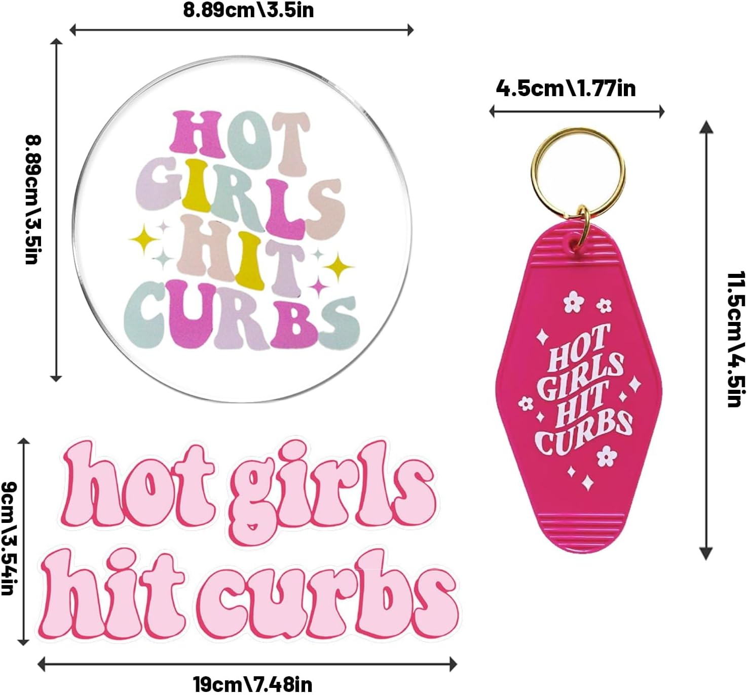 3PCS Hot Girls Hit Curbs Car Sticker & Quote Beaded Rear View Mirror and Pink Keychain, Cute Car Accessories for Genz Ladies Driver, Stickers Fit for Cars and Laptops