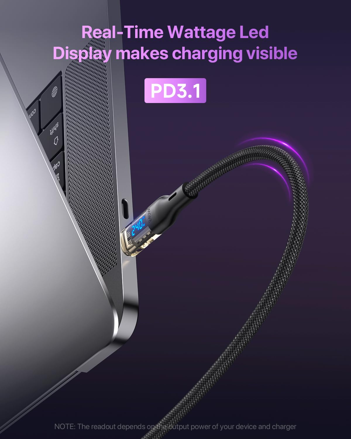 240W USB C to USB C Transparent Cable with LED Display Compatible with 140W 100W Fast Charging for Macbook Pro,Lphone15/15Pro/15Promax, Galaxy S23+/S23Ultra/S22,2M,Black image number 4