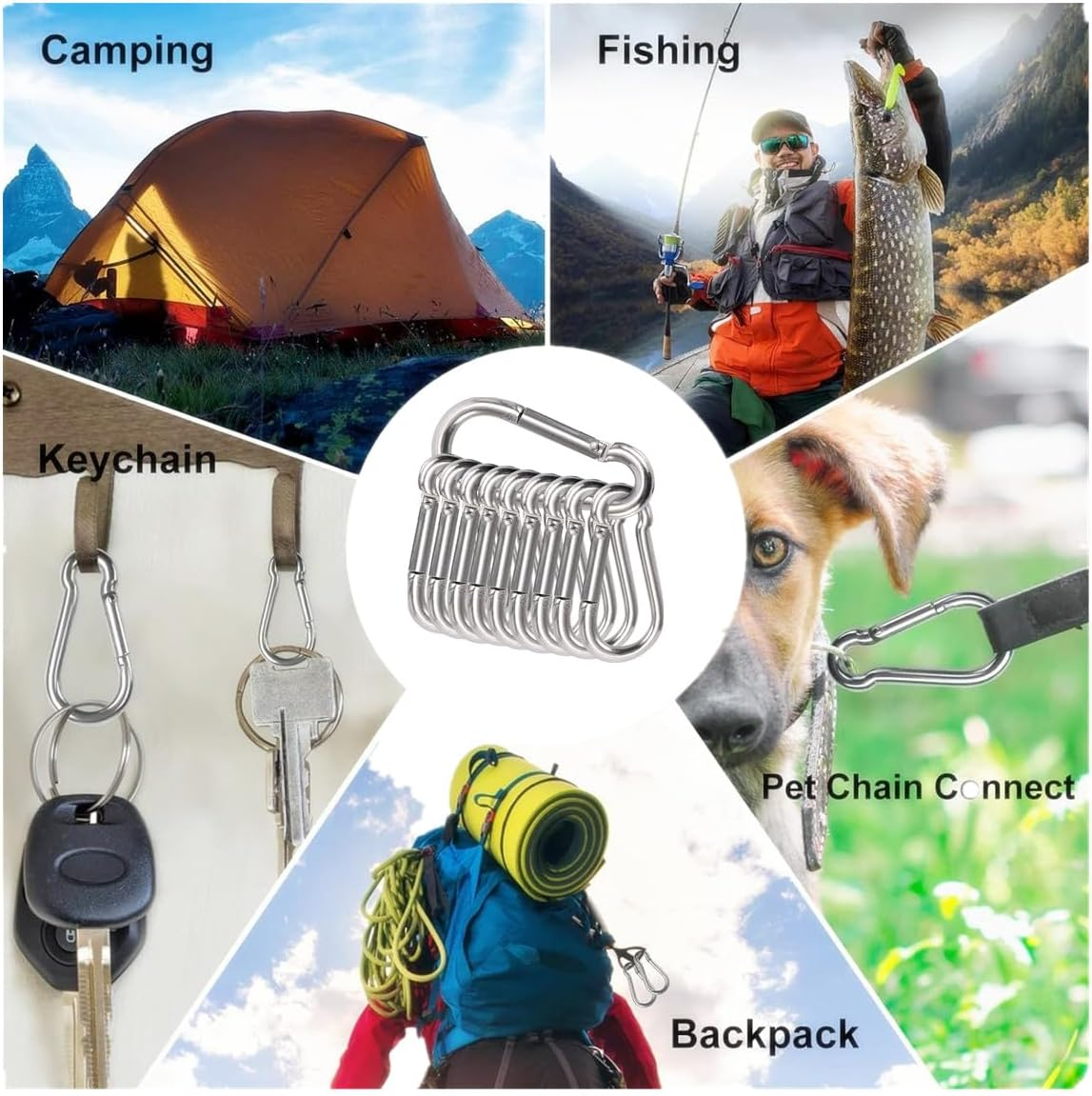 Stainless Steel Carabiner Clip,10 Pcs Spring Snap Hook Keychain Clip Hoods, Heavy Duty Clips for Camping Hiking Climbing Hammocks M4 image number 3