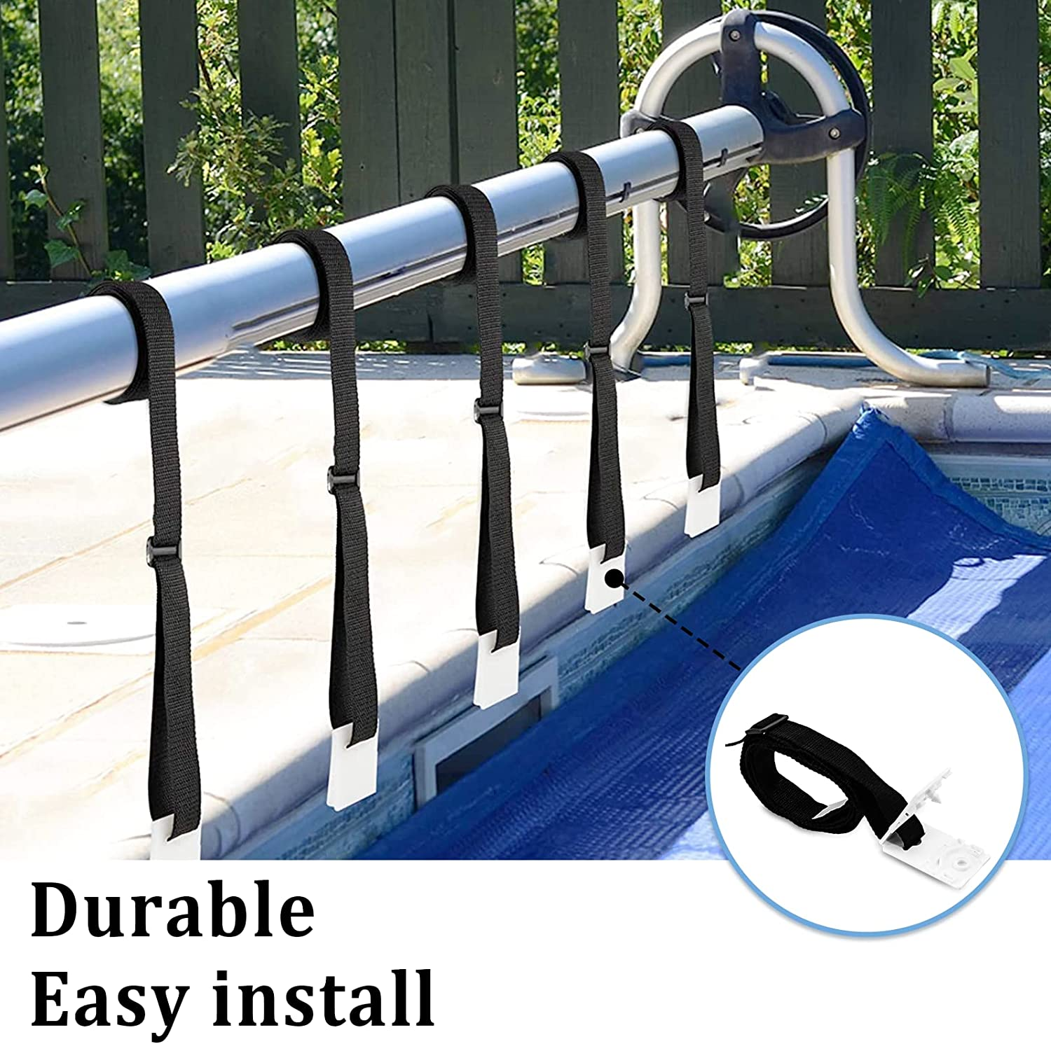 Gekufa Solar Cover Reel Strap Kit, Pool Solar Cover Reel Attachment Kit for In-Ground Swimming Pool, Including 8 Straps with Hoop and Loop Tapes, 8 Fastener Plates, 8 Buckles image number 5
