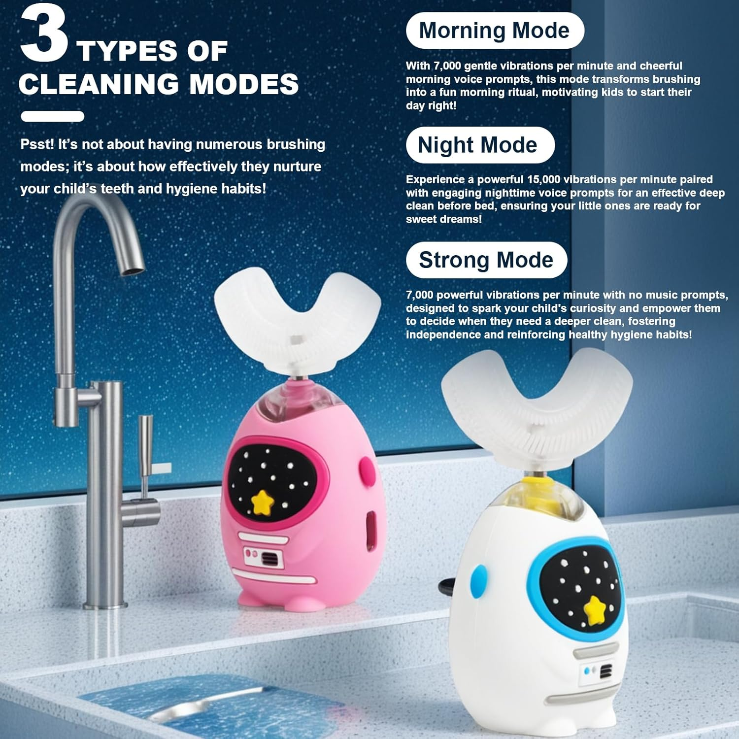 Fanhwadaimung Kids U Shaped Electric Toothbrush with Music, 360&deg; Deep Cleaning, 3 Modes, Voice Teaching, 45S Smart Timer, Type-C Charging, Waterproof Astronaut Design, for Ages 3-12 (Heroic White)