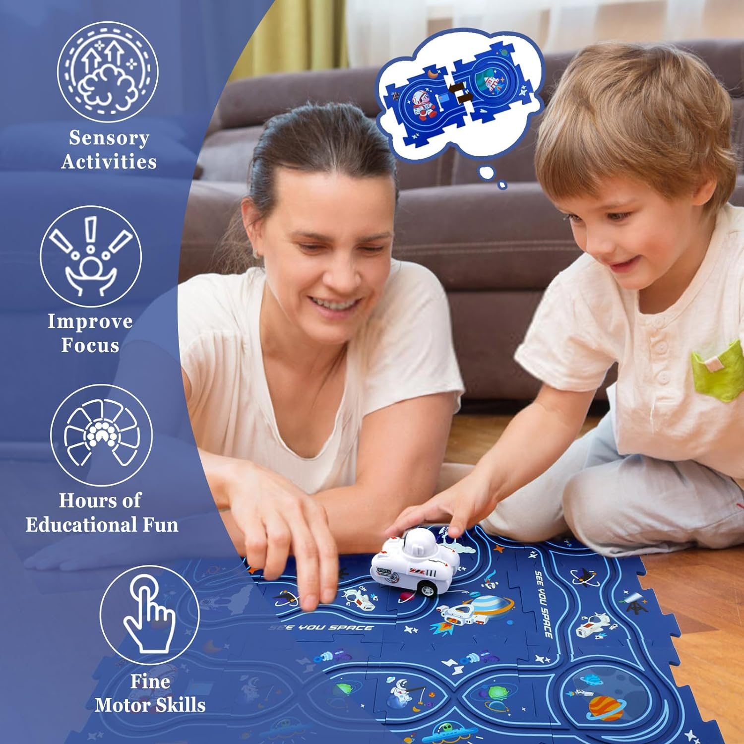 Space Astronauts Theme Puzzle Track Car Playset for Kids, Puzzle Mat Rail Train STEM Montessori Toys, DIY Road Builder Board Game Educational Gift Toys for 3 4 5 6 7 Year Old Boys