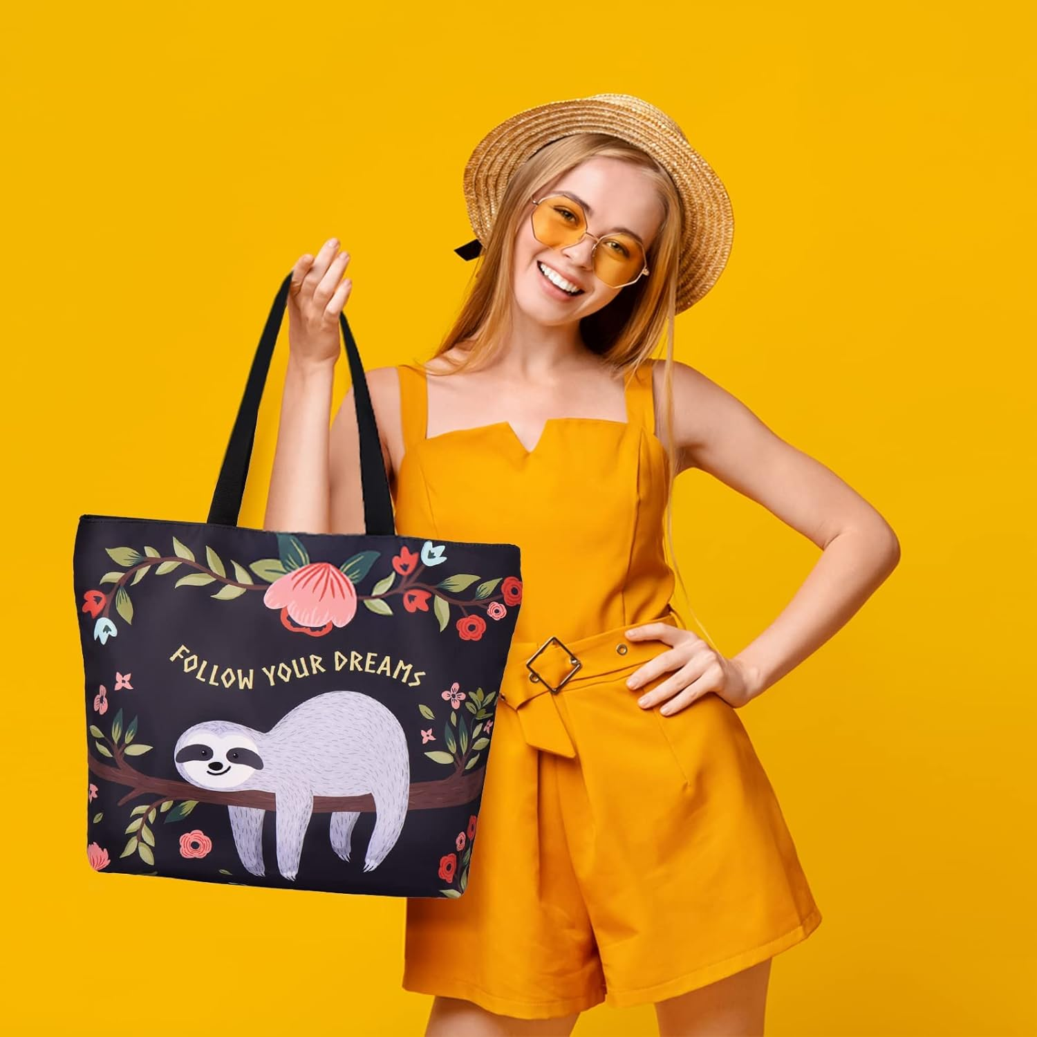 AOKSUNOVA Reusable Shopping Bags Large Foldable Grocery Bag Cute Sloth Tote Bag for School Black image number 2