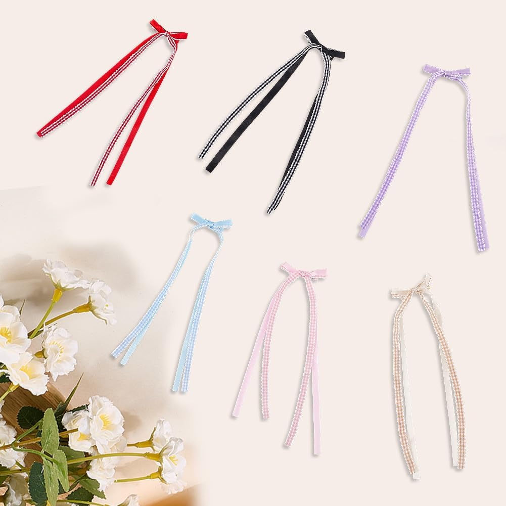 CABODYALS 6Pcs 6 Colorus Bowknots Hair Alligator Clips with Long Tails Plaid Bows Ponytail Holder Slides French Barrette Cute Tassels Sweet Ribbon Clip for Women Head Decorations Styling Accessories image number 5