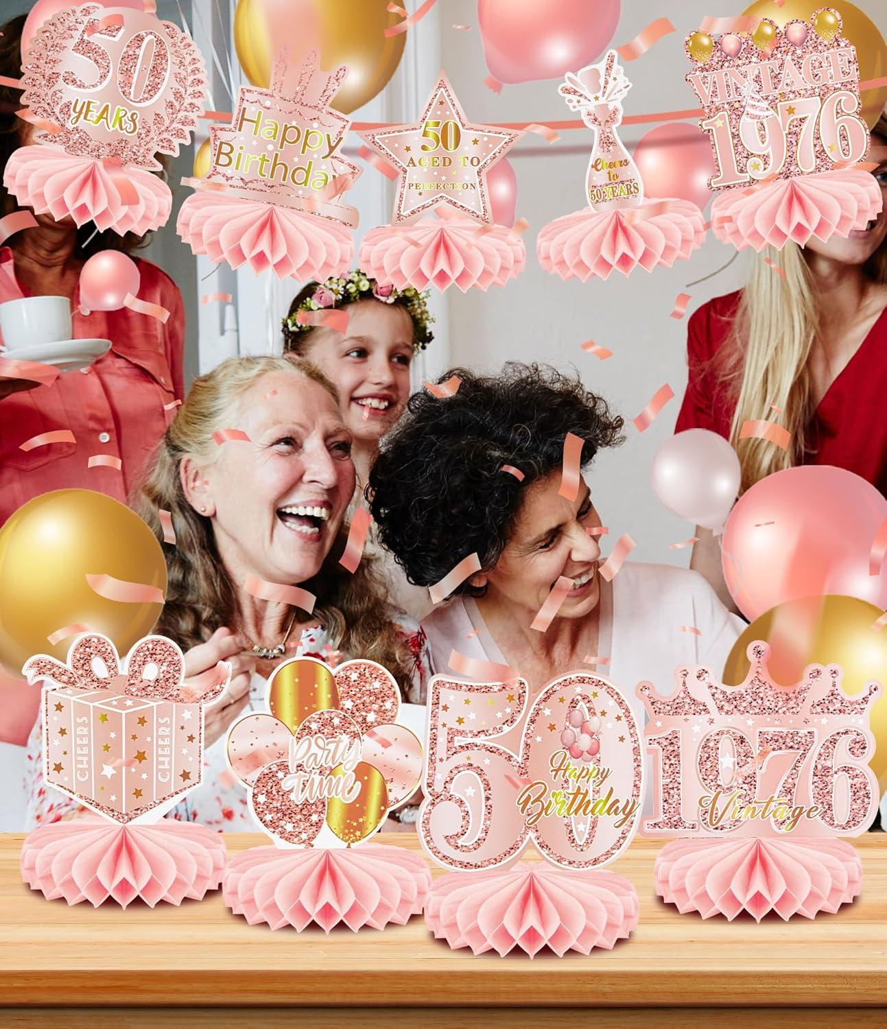 9 Pcs 50Th Birthday Decoration for Women Happy 50Th Birthday Table Honeycomb Decorations Rose Gold Pink Centerpieces Tables Toppers 1975 Decor Cheers to 50 Years Old Birthday Party Favors - 40Th-New image number 2