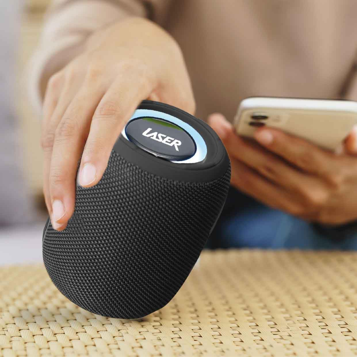 Laser Mini Portable Fabric Bluetooth Speaker, AUX, USB, Microsd, TWS, LED Light Display, Type-C Charging, 1200Mah Battery, up to 2 Hours Playtime, Compact and Lightweight - Black image number 4