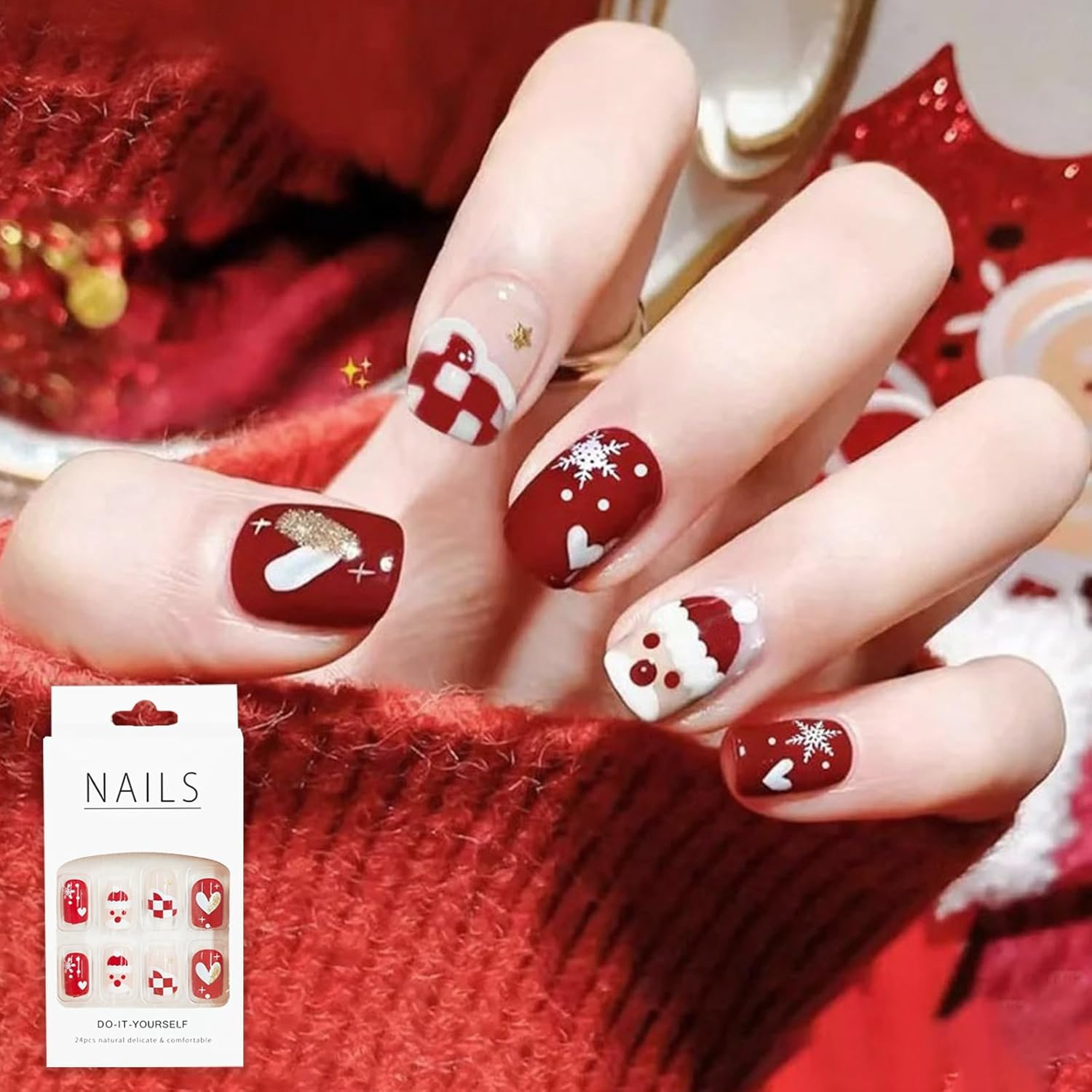 Christmas False Nails, Red Fake Nails Press on Nails with Glue, Father Christmas Heart Burgundy Short Square Acrylic Stick on Nails for Women Nail Art Decoration Accessories (24PCS) (C)