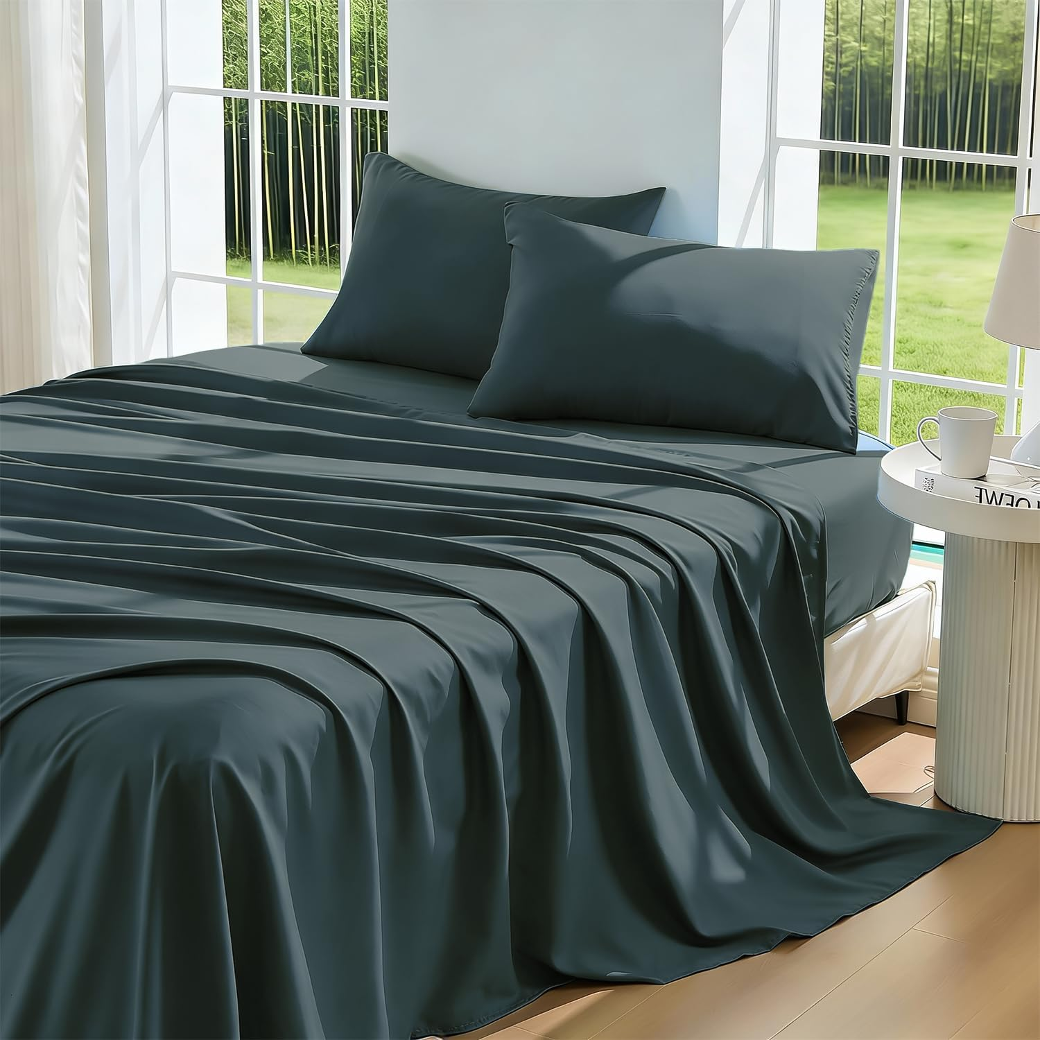 Lovana Bamboo Cooling Sheet Set King for Hot Sleeppers,4 Pack Bed Sheets Set,40Cm Deep Pocket,2000Tc Soft Bedding Natural Breathable & Sweat-Wicking,Silver