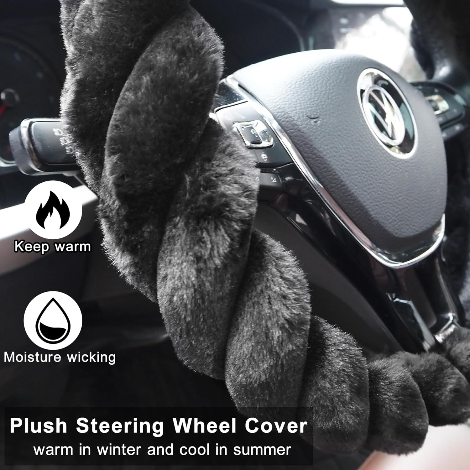 Fluffy Steering Wheel Cover for Women, Universal Fit 14-15 Inch, Anti-Slip Soft Plush Car Wheel Covers Protector, Full Surround, Winter Car Interior Accessories for Female Men (Black) image number 5