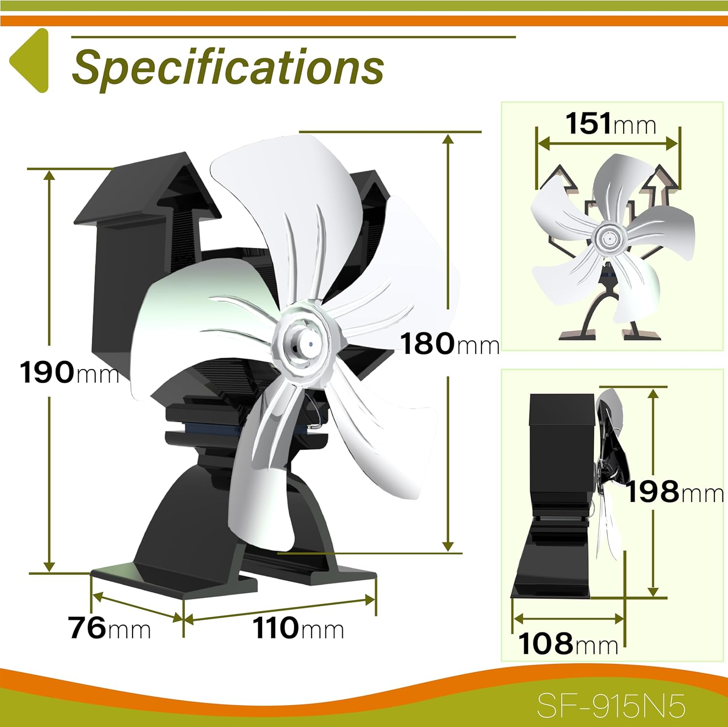 FUTURESUN 5 Blades Heat Powered Stove Fan for Log Burner, Fireplace, Pellet Stove &ndash; 160 CFM, 270M&sup3;/H, Quiet Operation, Eco-Friendly, Improves Heat Circulation, No Battery or Electricity Required