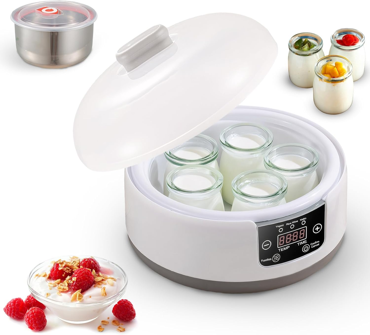 Peiqi Yoghurt Maker, Fully Automatic Yogurt Machine with Temp/Time Control, Fermented Curd Maker with Natto/Rice Wine Function (5 Glass Jars)