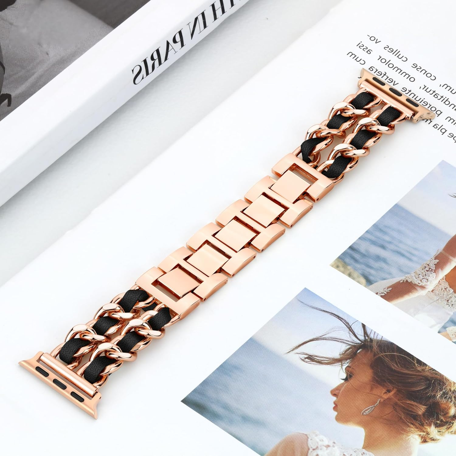 Ocaer Compatible with Apple Watch 49Mm 46Mm 45Mm 44Mm 42Mm 41Mm 40Mm 38Mm, Jewelry Chain Iwatch Band for Apple Watch Series 11 10 9 8 7 6 5 4 Ultra 3 SE 3 2 1,Metal Bracelet with Leather for Women image number 2