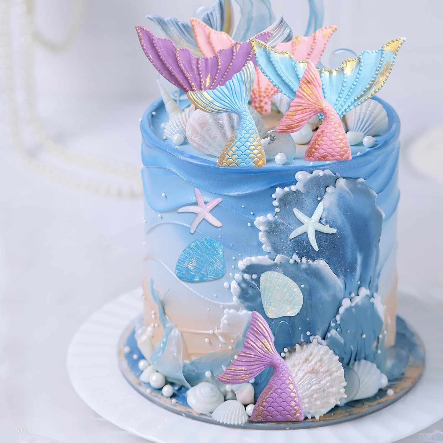 10 Pcs Mermaid Cake Topper Set, Mermaid Tail Cake Decorations for under the Sea Princess Theme Party, Includes Seashell Starfish Cake Toppers for Birthday Celebration image number 3