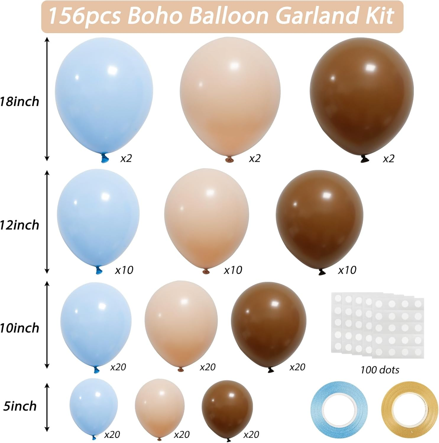 RUBFAC 156Pcs Brown Coffee Blue Balloon Garland Arch Kit with Boho Brown Nude Blue Balloons for Teddy Bear Baby Shower, Gender Reveal and Birthday Party Decoration image number 6