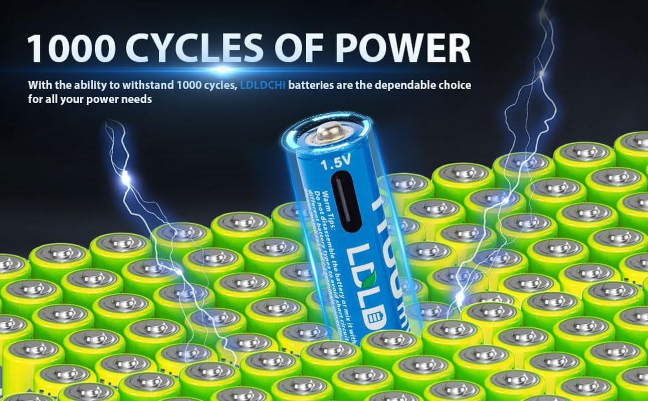 AA USB Rechargeable Batteries 1.5V &ndash; 4 Pack Lithium, 3400Mwh High Capacity, 1000+ Cycles, with 4-In-1 USB Charging Cable image number 4