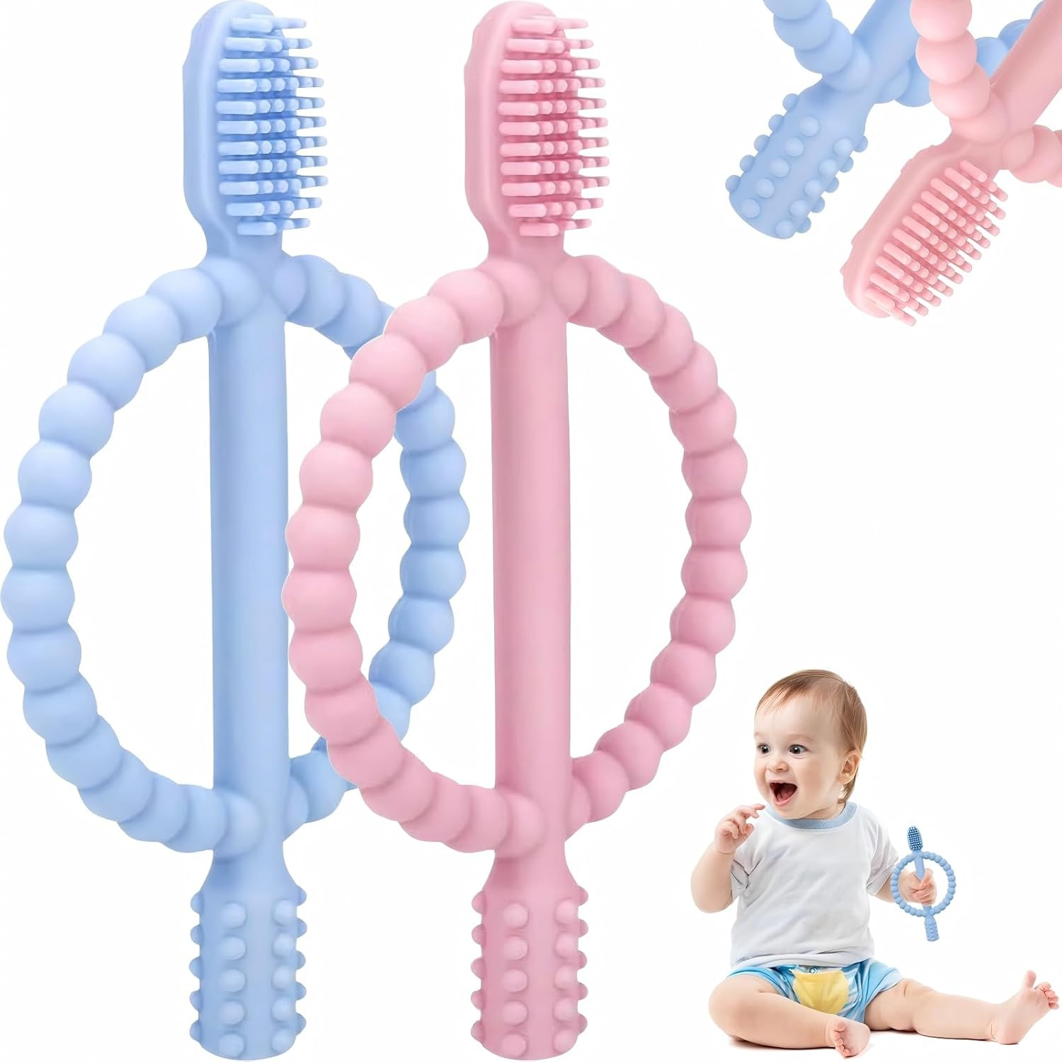 2 Pack Baby Teething Toys, Silicone Infant Toothbrush, Textured on Both Sides Helps Massage, Soothe Sore Gums, Baby Chew Toys for Sucking Needs, Teething Toys for Babies 6 + Months (Blue & Pink)