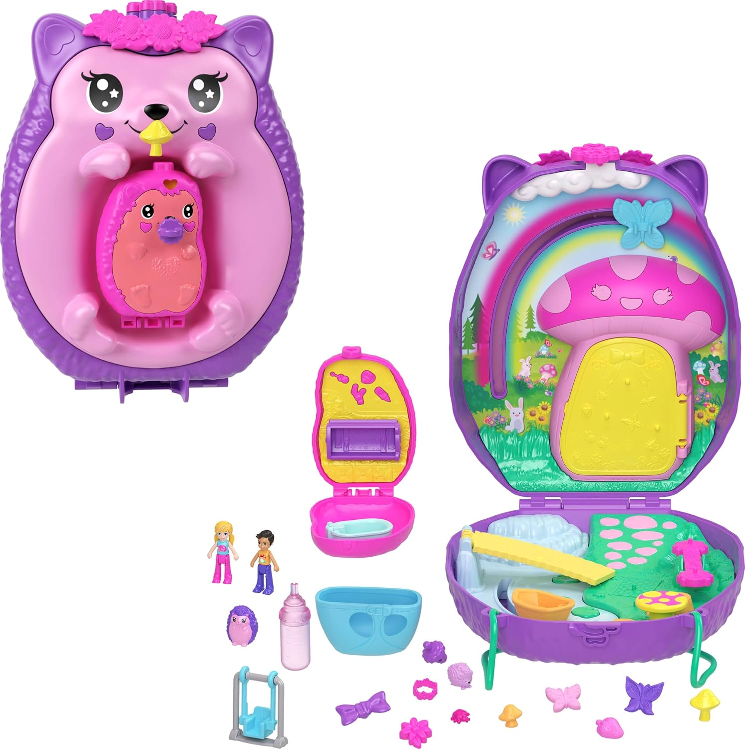 Polly Pocket 2-In-1 Travel Toy with 2 Micro Dolls and 16 Accessories, Hedgehog Purse Playset with Pet Theme image number 2