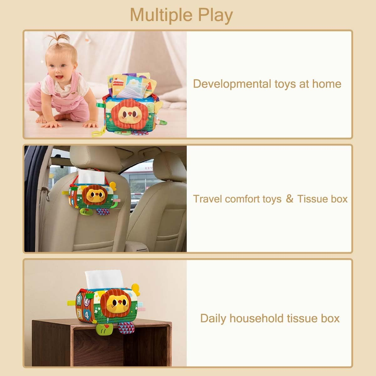 Baby Tissue Box, Infant Montessori Sensory Toy with Soft Crinkle Papers ＆ Silk Scarves, Textured Tissues Box with Mirror Toddlers Early Educational Learning Travel Toys for 6+ Months image number 6