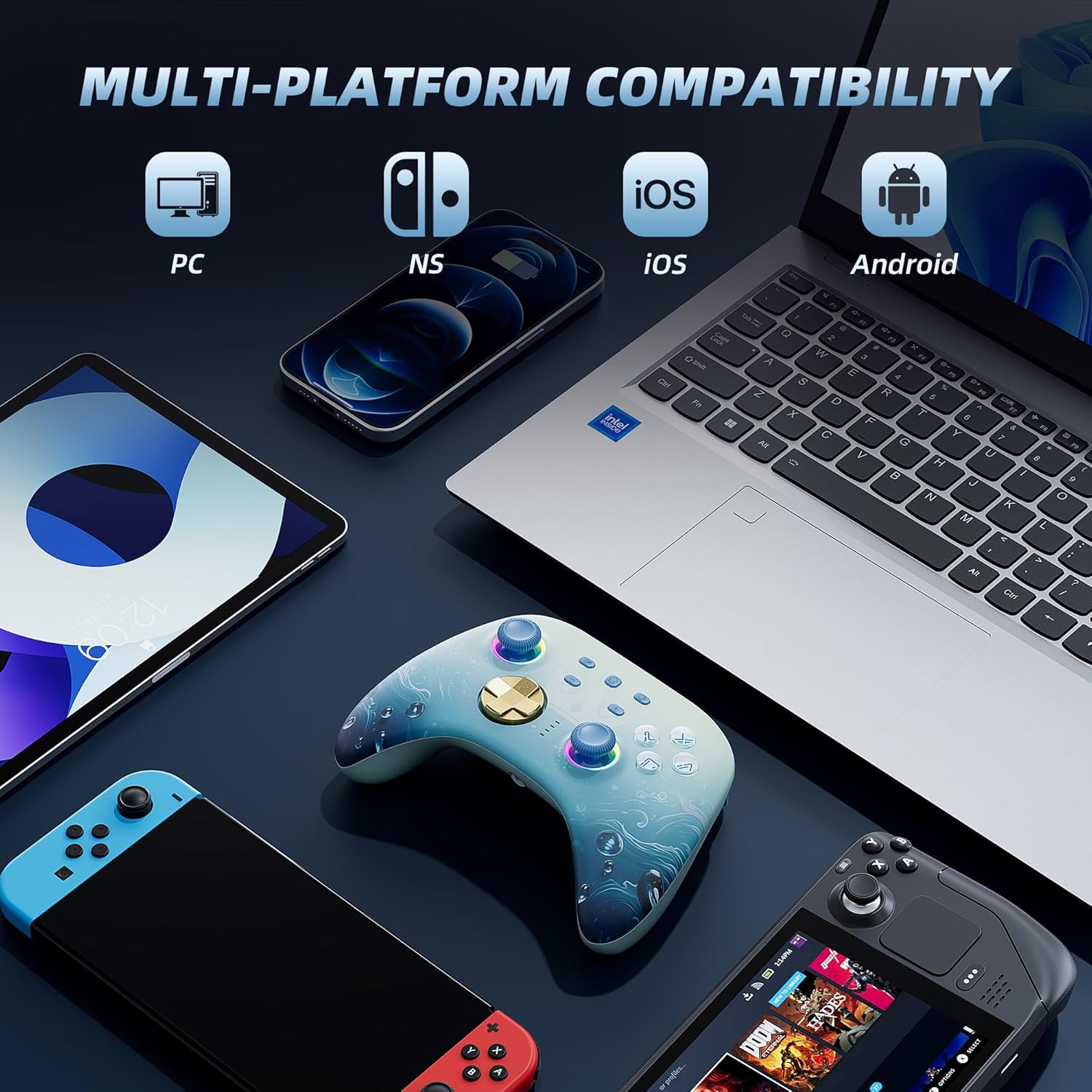 Mytrix Wireless Pro Controllers with Charging Dock, Blue Bluetooth Controller with Hall Effect Joysticks/Hall Trigger (No Drift) for Nintendo Switch, Windows PC Ios Android Steam image number 4