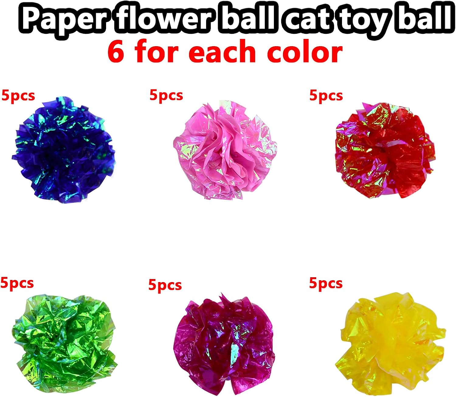 30 Pieces Colorful Cat Toys Rustle Sound Ball, Mylar Crinkle Balls, Kitten Toy Crinkle Paper Ball, Cat Crinkle Balls Chew and Chase, Interactive Cat Toy Crinkle Ball Indoor to Keep Fit and Active image number 3
