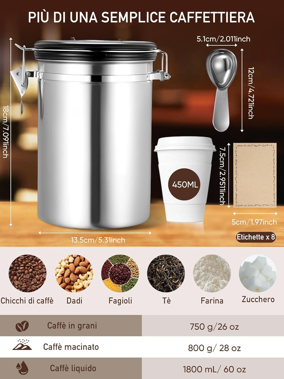 Coffee Canister, 26OZ Airtight Food Storage Containers with Date Tracker & Stainless Steel Coffee Scoop, Ground Coffee Bar Accessories Also Fits for Bean Flour Tea Sugar Cereal, 8 Labels, Silver image number 4