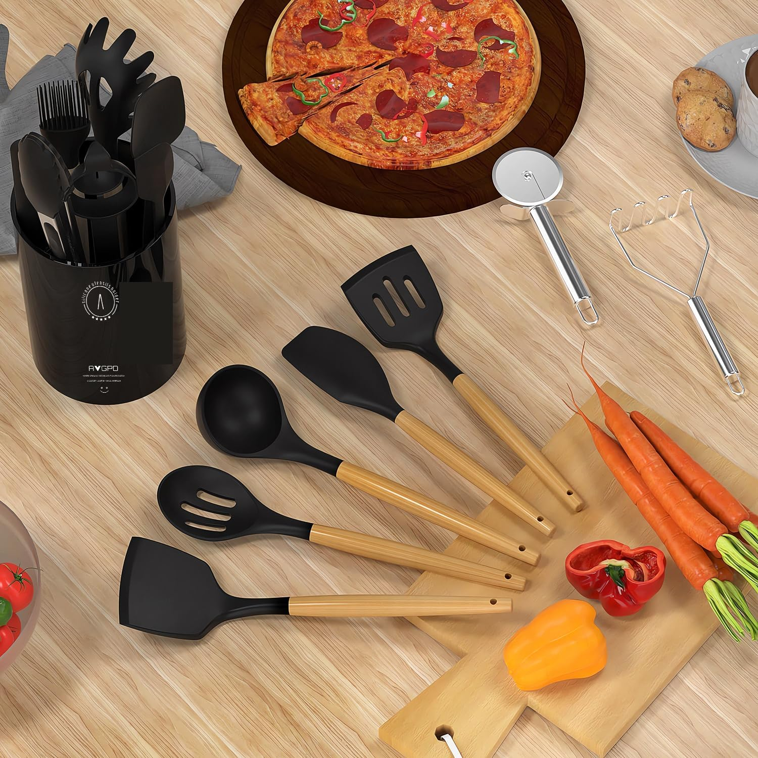 Silicone Cooking Utensils Set - 446&deg;F Heat Resistant Silicone Kitchen Utensils for Cooking, Kitchen Utensil Spatula Set W Wooden Handles and Holder, BPA Free Gadgets for Non-Stick Cookware (Black) image number 4