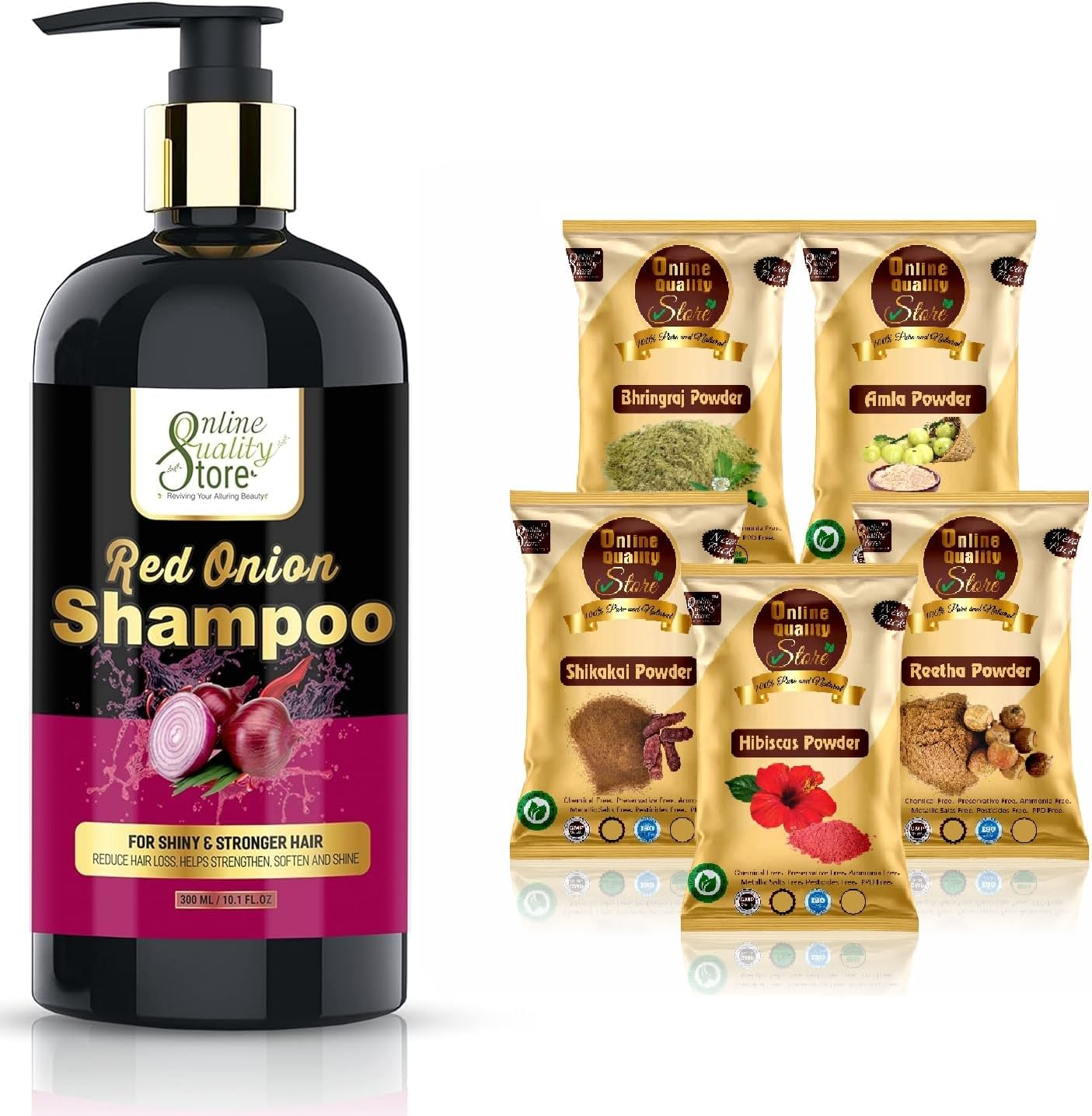 Online Quality Store Combo Herbal Red Onion Shampoo and Reetha Powder (50G), Shikakai Powder (50G), Hibiscus Powder (50G), Amla Powder (50G), Bhrinraj Powder (50G) |Hair Care Kit image number 1