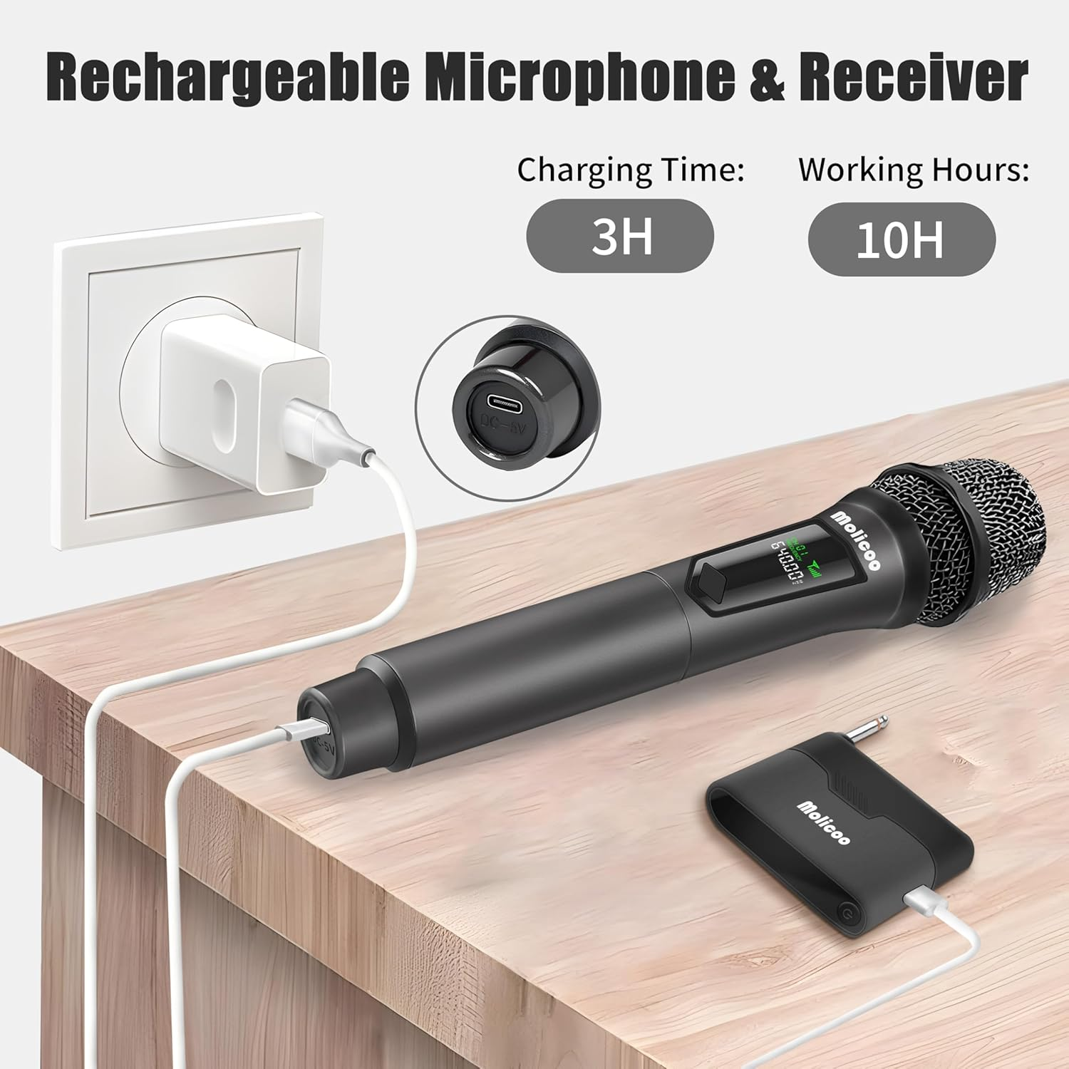 Wireless Microphone,Professional Handheld Wireless Dynamic Microphone System with Rechargeable Receiver 160 Ft,Karaoke Microphone Kit for Singing,Karaoke,Wedding,Dj,Party,Speech,Church,Pa,M50