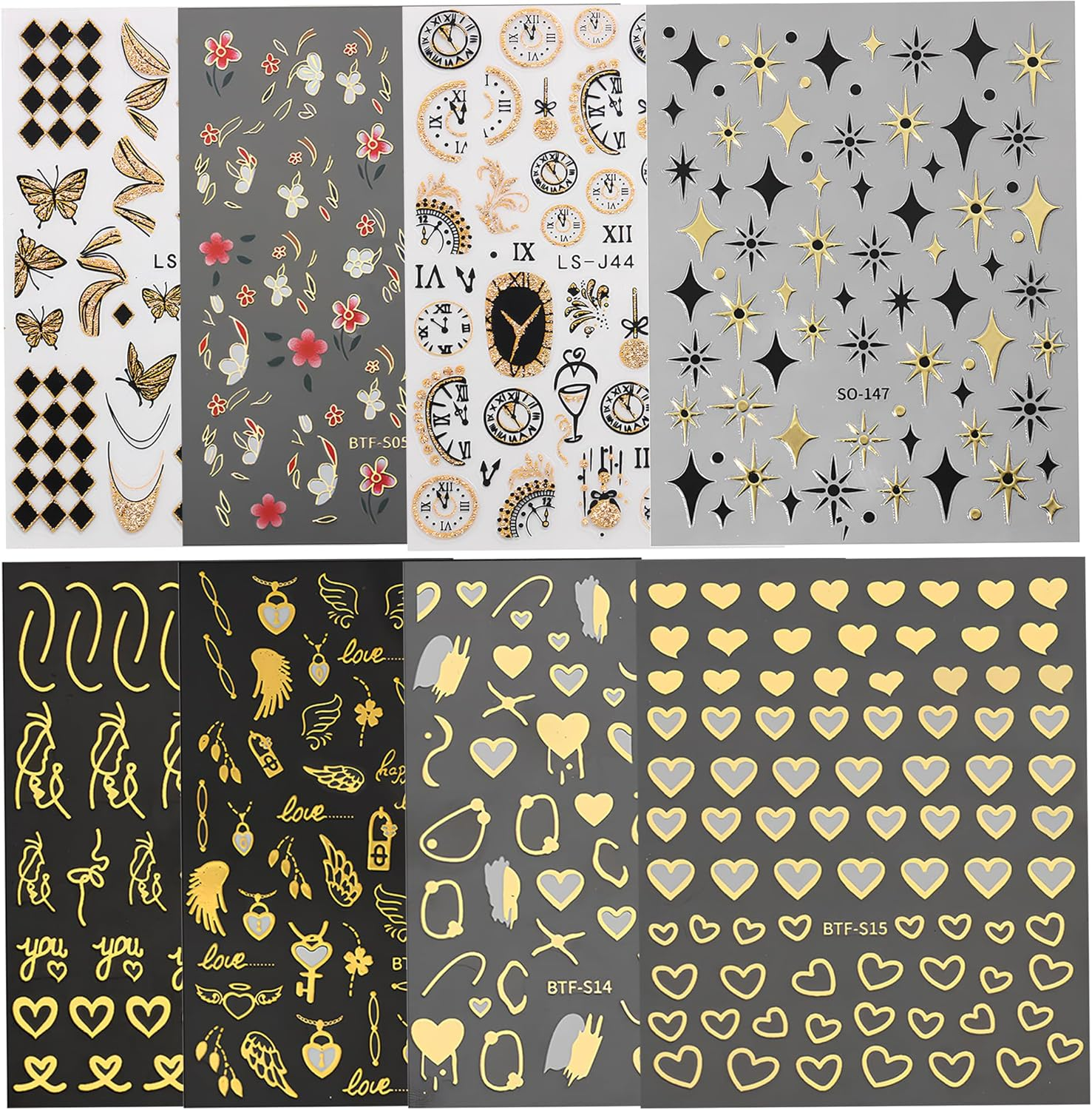 8 Sheets 3D Metallic Nail Stickers - Self-Adhesive Nail Art Supplies with Golden Flowers, Leaves & Lines Patterns, Easy Apply Nail Decals for Women, Home Use & Nail Salon DIY Manicure​​