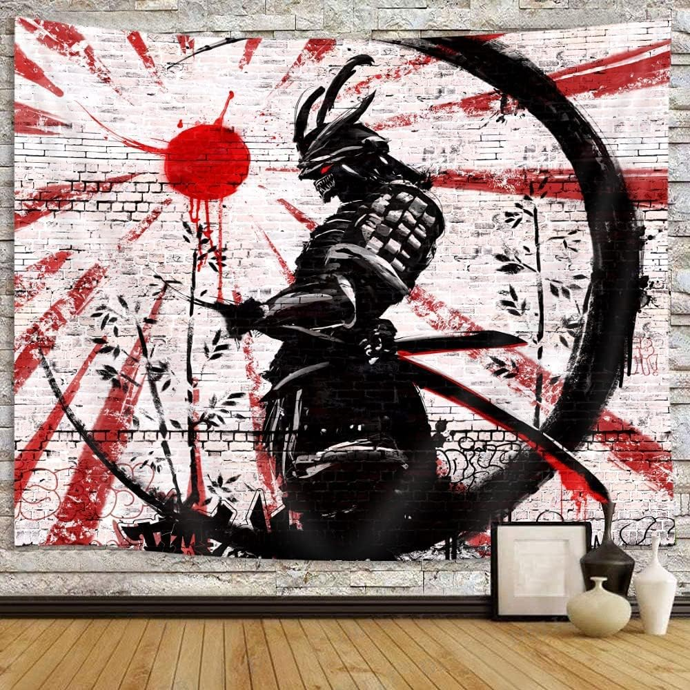 Itapnoom Japanese Samurai Art Decor Tapestry Wall Hanging for Bedroom, Cool Anime Red and Black Sun Moon Poster Wall Art Tapestries for Men, Asian Japan Male Blanket College Decorations (80X60) image number 1