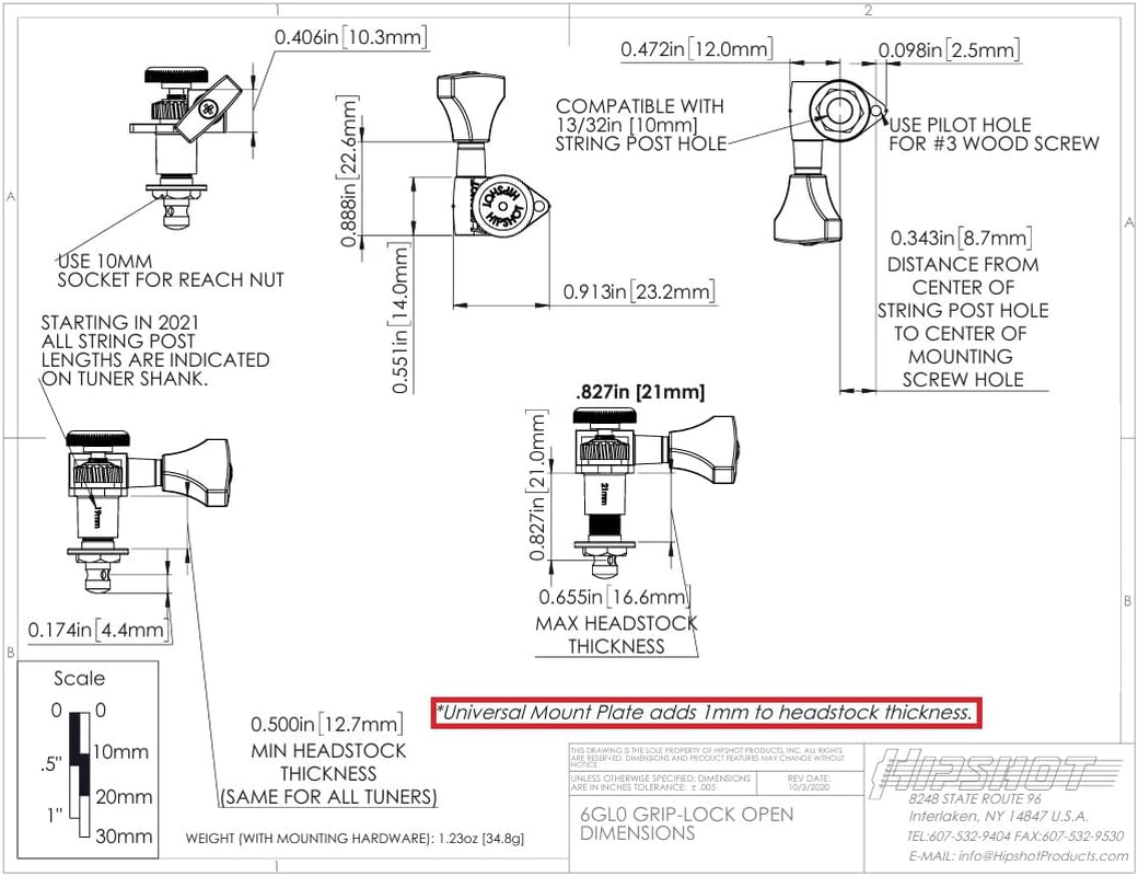 Hipshot 6GLO Grip-Lock Locking Guitar Tuning Machines 3+3 Chrome image number 5