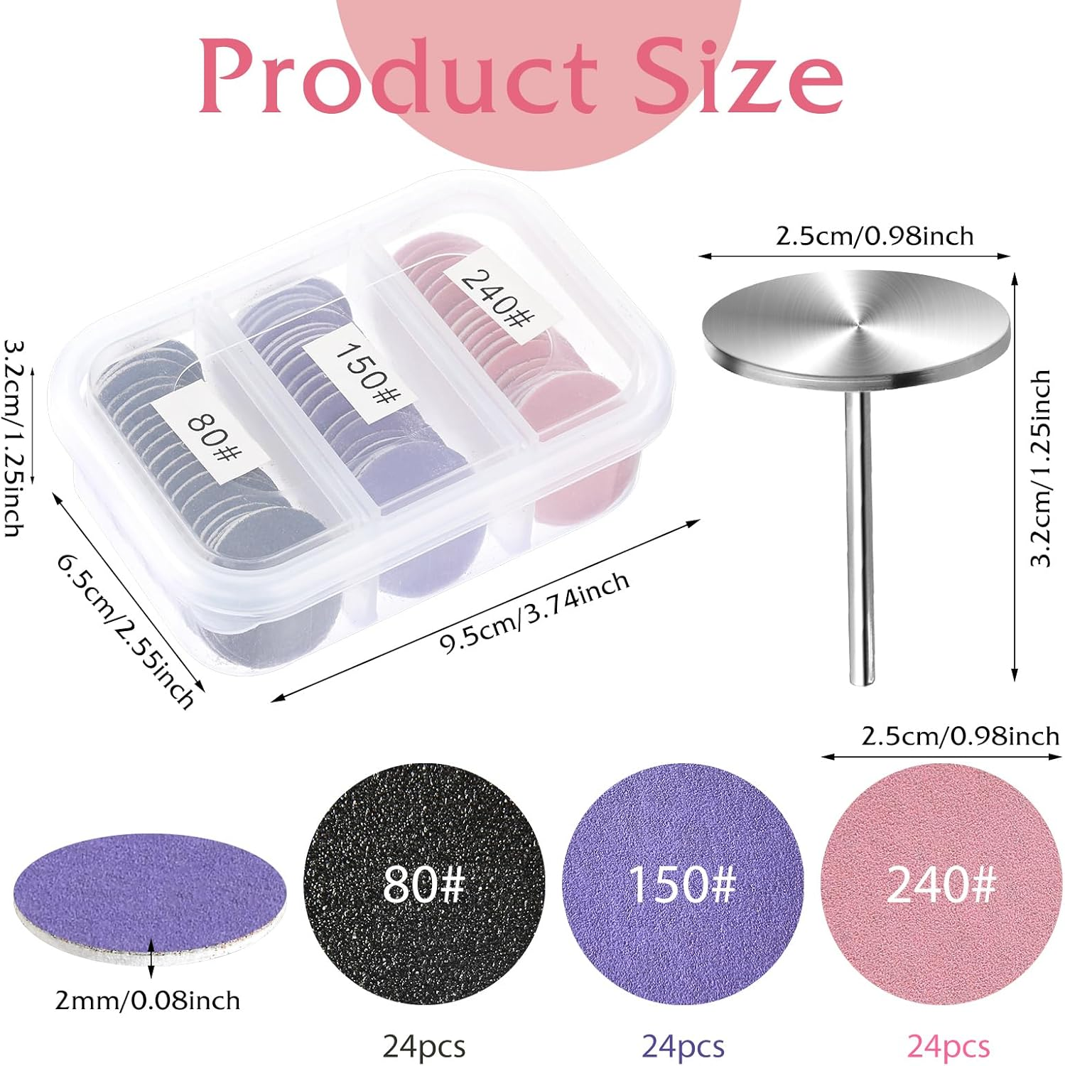 72Pcs Sanding Paper Discs with Metal Nail Drill Bit 25Mm Replacement Sandpaper Disk for Manicure Pedicure Sanding Discs Bits for Electric Callus Foot File Remover Tool (#80#150#240 Grit) image number 2