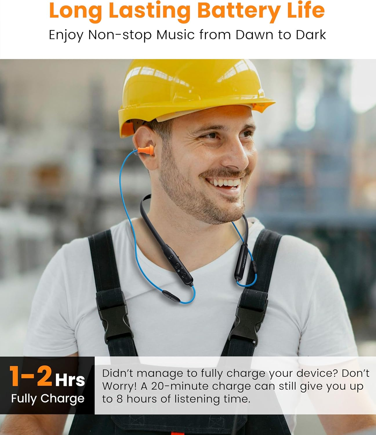 Homespot Noise Reduction Wireless Neckband Headphones with Replaceable Earbuds (Extra Set Included) - Qualcomm Aptx HD, 27Db NRR, CVC Noise Cancelling Mic & 20H Playtime for Work Safety OSHA Compliant