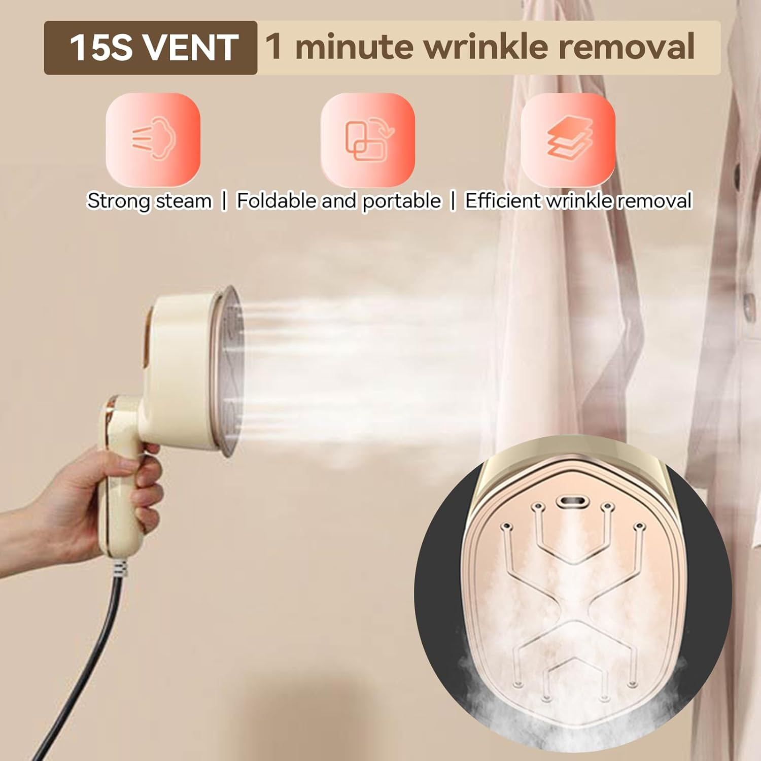 2-IN-1 Travel Steamer Iron for Clothes, Powerful Clothes Iron for Travel, 1100W, 15S Fast Heat-Up, 3 Steam Levels Output, Portable Handheld Steamer Garment (Yellow) image number 5