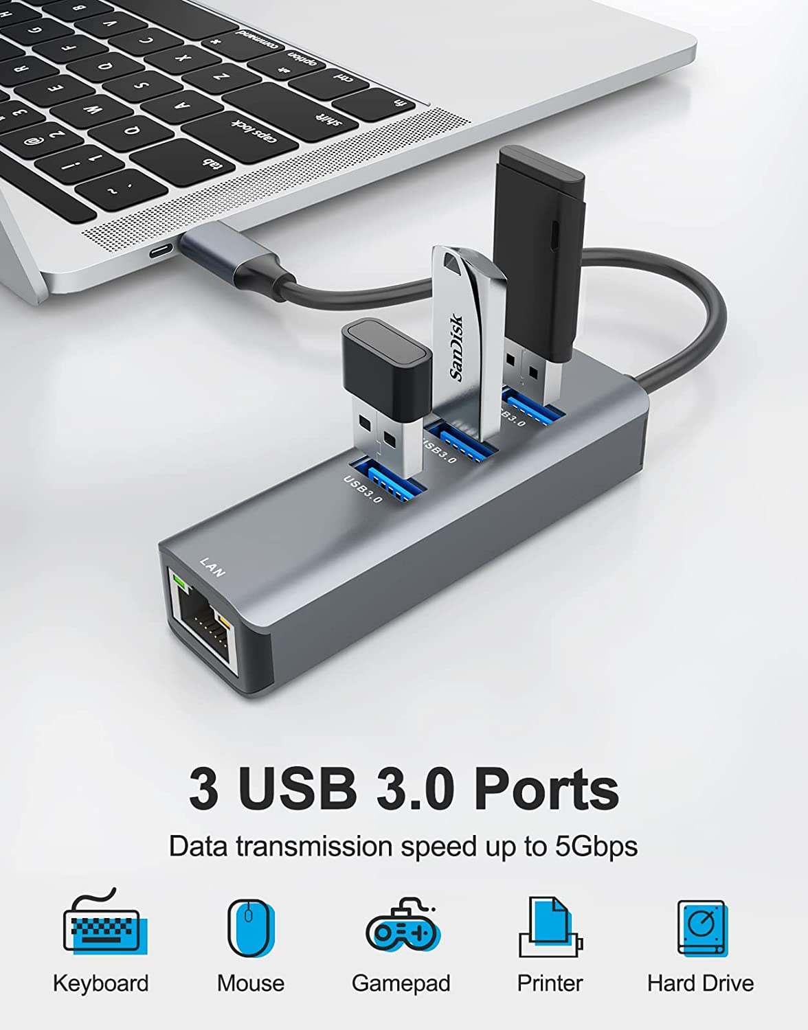 ABLEWE USB C to Ethernet Adapter, 4-In-1 RJ45 to Usb-C/Thunderbolt 3 to Gigabit Ethernet LAN Network Adapter for Macbook Pro/Air 2021/2020/2019, Ipad Pro 2021, Chromebook, XPS, Surface Book 3/2/Go - Grey image number 5