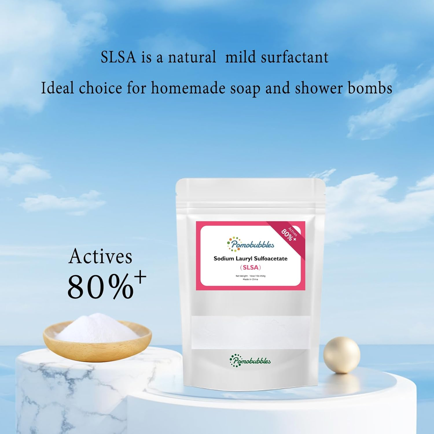 1 Pound SLSA Sodium Lauryl Sulfoacetate Powder Long Lasting Foam & Bubbles, Gentle on Skin, Bath Bomb Additive, Surfactant & Latherer, Making Bath Bombs image number 1